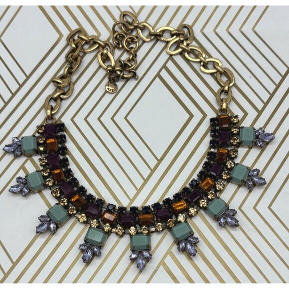 J.Crew Gold Tone, Blue, Purple & Amber Color Collar Crystal Statement Necklace - Picture 3 of 7